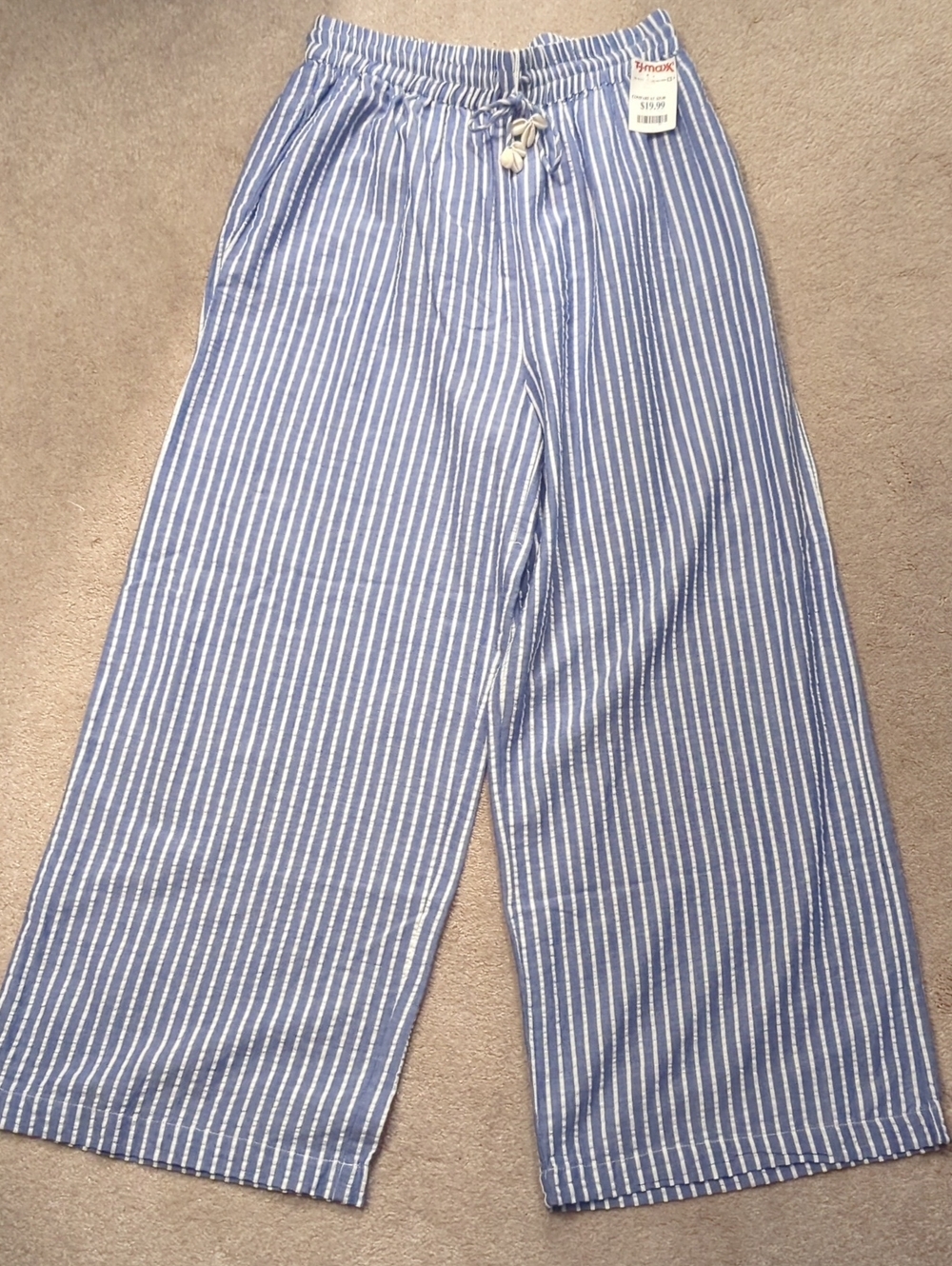 blue island Blue and White Striped Drawstring Wide-Leg Seersucker Pants